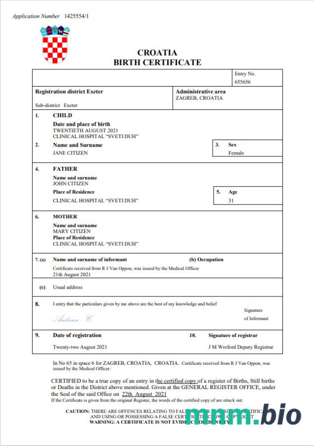 Croatia narodziny certyfikat Word i PDF szablon
